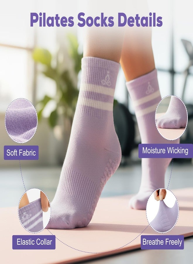 ElaraFit 4 Pack Pilates Grip Socks for Women with Grips Non Slip Yoga Socks for Pilates Reformer Barre Ballet Sticky Grippy Ankle Crew Socks Off-white Green Yellow Purple - Image 3